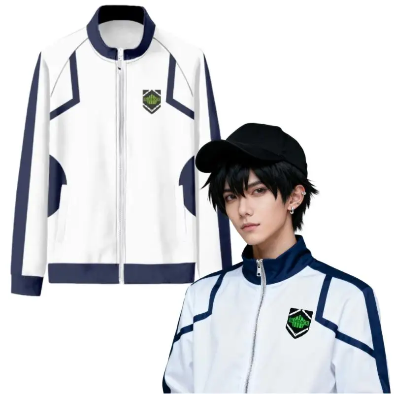 Disfraz de protagonista de Anime Reo Nagi Bachira Isagi Chigiri para hombre y mujer, uniforme azul y blanco con cremallera, abrigo