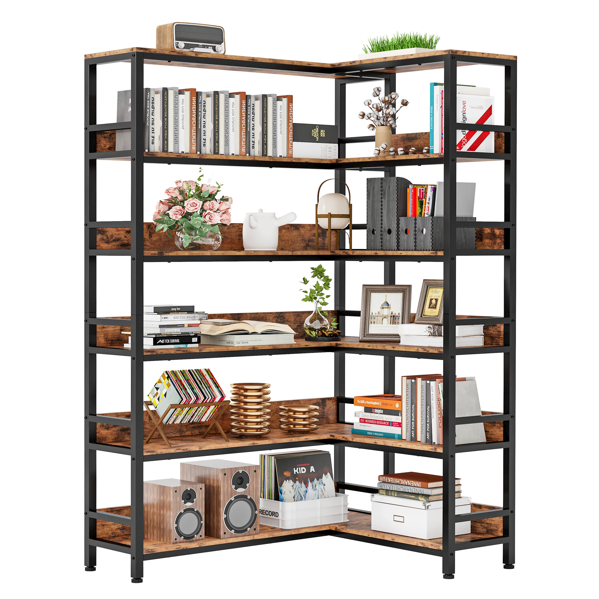 IRONCK Industrial Bookshelves 6 Tiers Corner Bookcases with Baffles Etagere Shelf Storage Rack with Metal Frame for Living Room