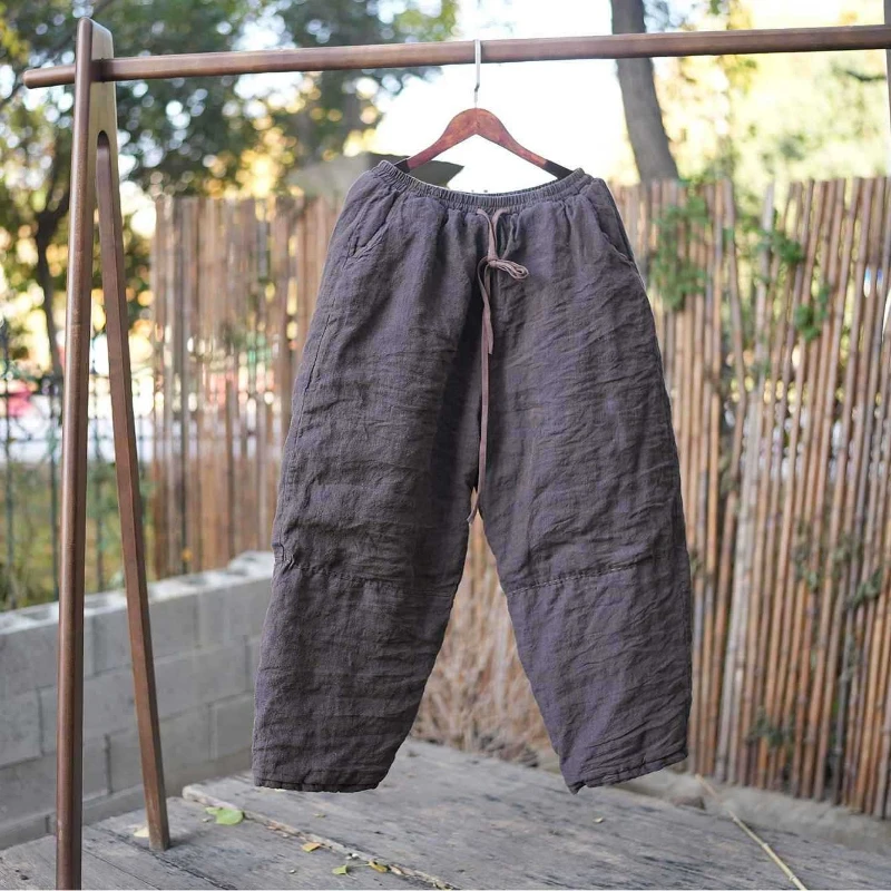 Pantalones de algodón de lino tejido de tela Natural para mujer, pantalones cálidos de cintura alta gruesos de invierno, Pantalones rectos con cordón de pierna ancha