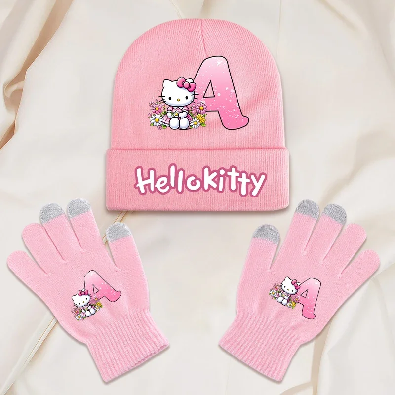 

2pcs Sanrio Hello Kitty Knitted Hat Glove Set Number A-Z Cute Cartoon Winter Keep Warm Beanie Fashion Girls Caps Birthday Gifts