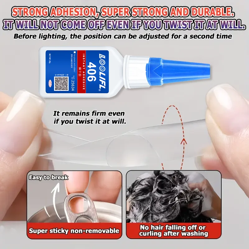 LOOLIFL 406 supersterke nagellijm voor valse nageltips, acrylnagels, druk op nagels, nepnagels kunstdecoratie blijvende hechting