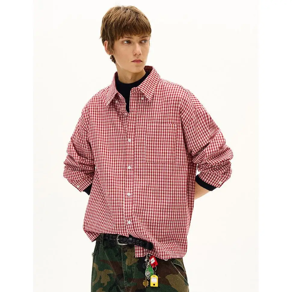 

Classic American Red And White Plaid Long Sleeve Shirt Loose Casual Unisex Couple's Checkered Shirt Cotton Spring Autumn