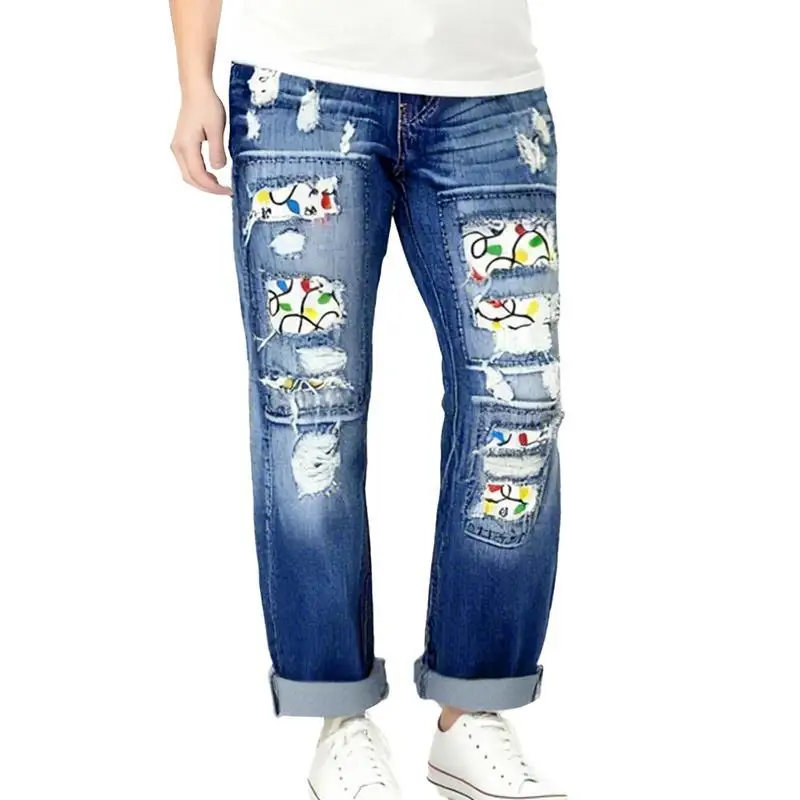 

Distressed Print Jeans Men's Hole Punching Denim Pants Non-Shrinkage Comfortable Fit Spring Season Unisex Drawstring Closure