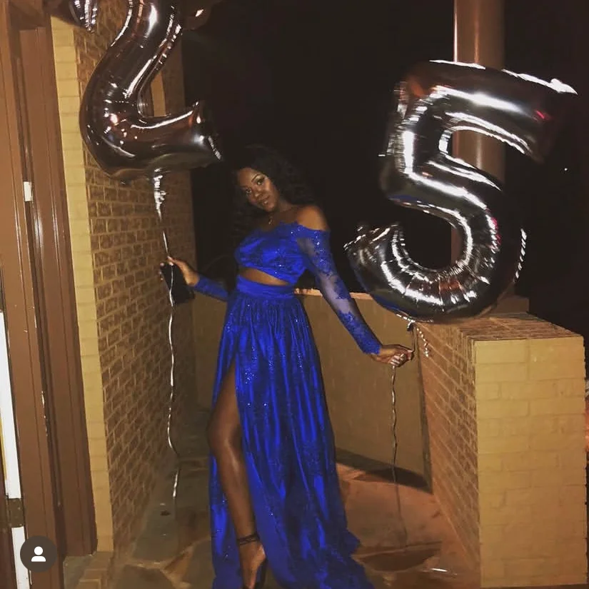 2 pezzi abiti da ballo blu royal con maniche lunghe abito da compleanno abito maxi da donna con applicazioni di perline divise lunghezza del pavimento illusione