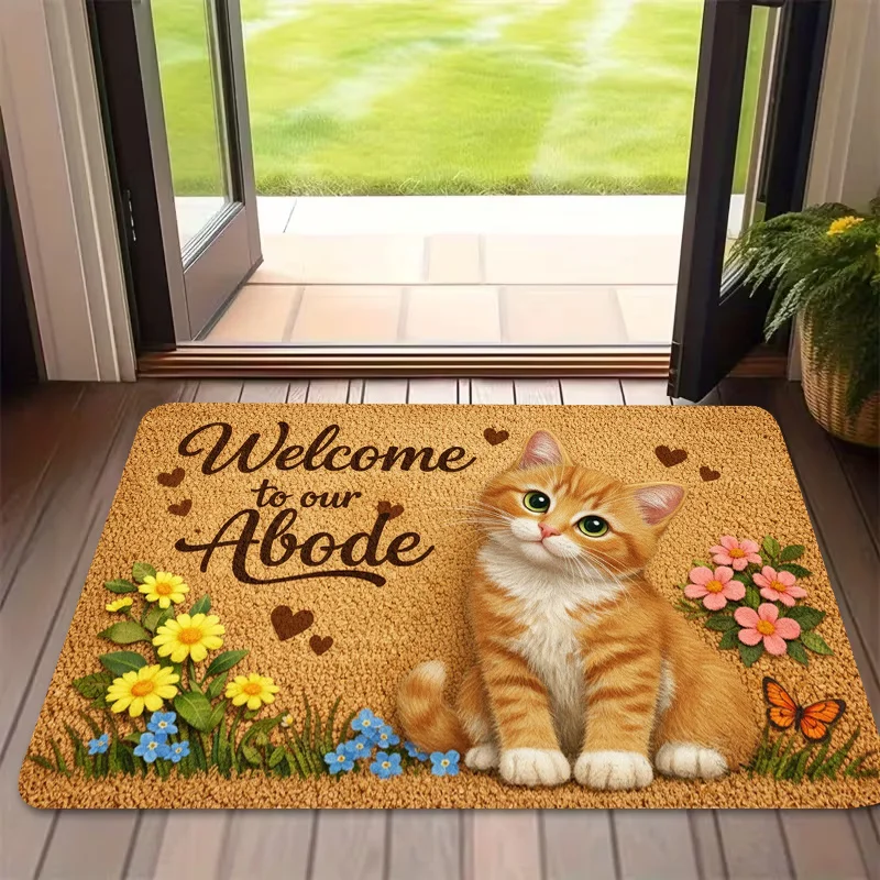 Welcome To Our Abode Ginger Cat Doormat Floral Butterfly Print Entryway Mat Washable Floor Rug for Pet Lover Indoor Home Decor
