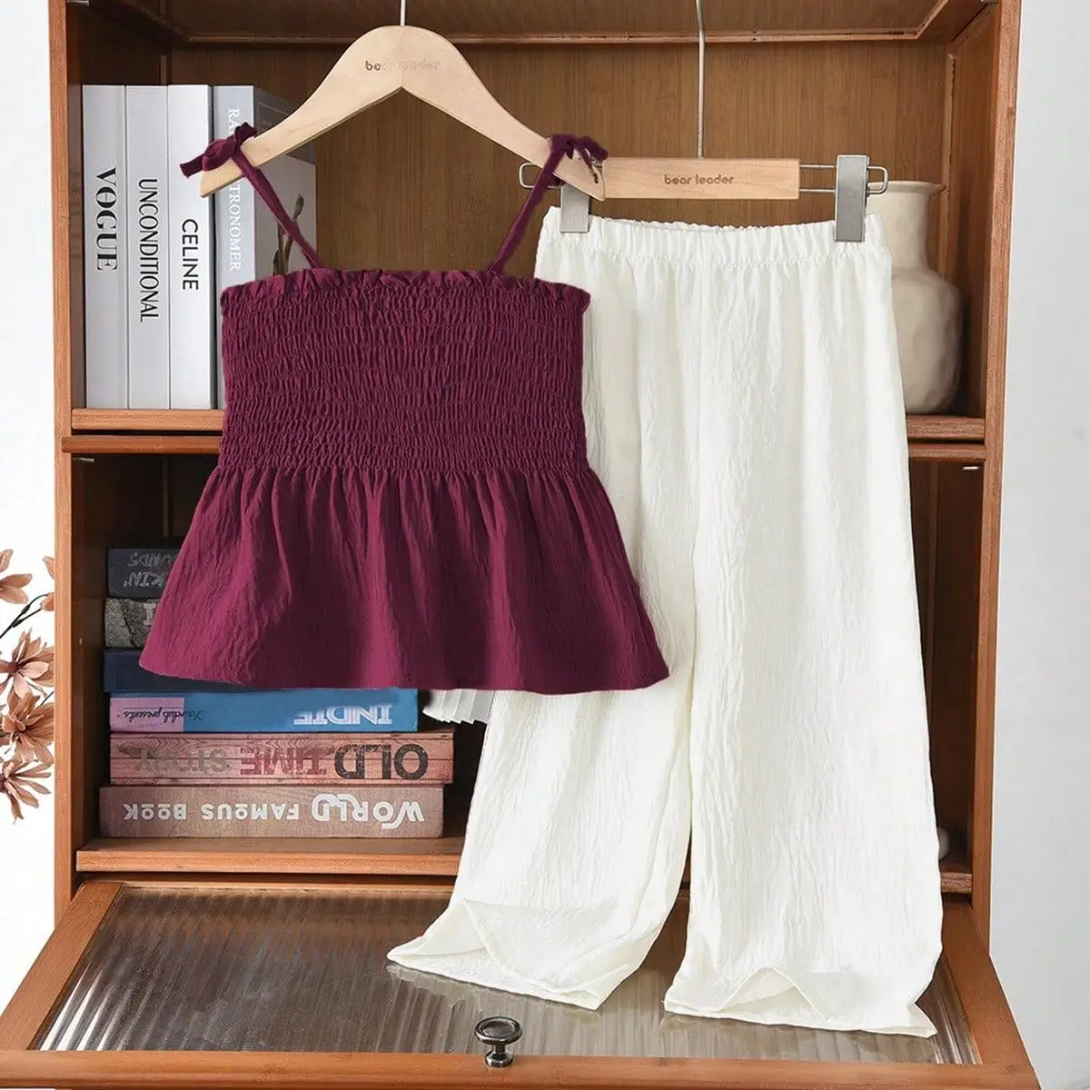 2025 Summer New Girls Suit Korean Version Khaki Pleated Camisole Top+Beige Pants Sweet Two-piece Set Casual Children's Clothing