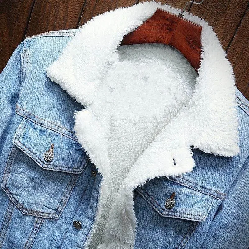 Men's Winter Casual Denim Jacket Fleece Lining Thickened Sheep Velvet Top Slimming Effect For Smooth Silhouette