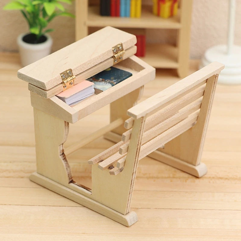 

1/12 Wooden Desk Writing Study Desk Chair School Desk Furniture Model Toy Dollhouse Decor Accessories