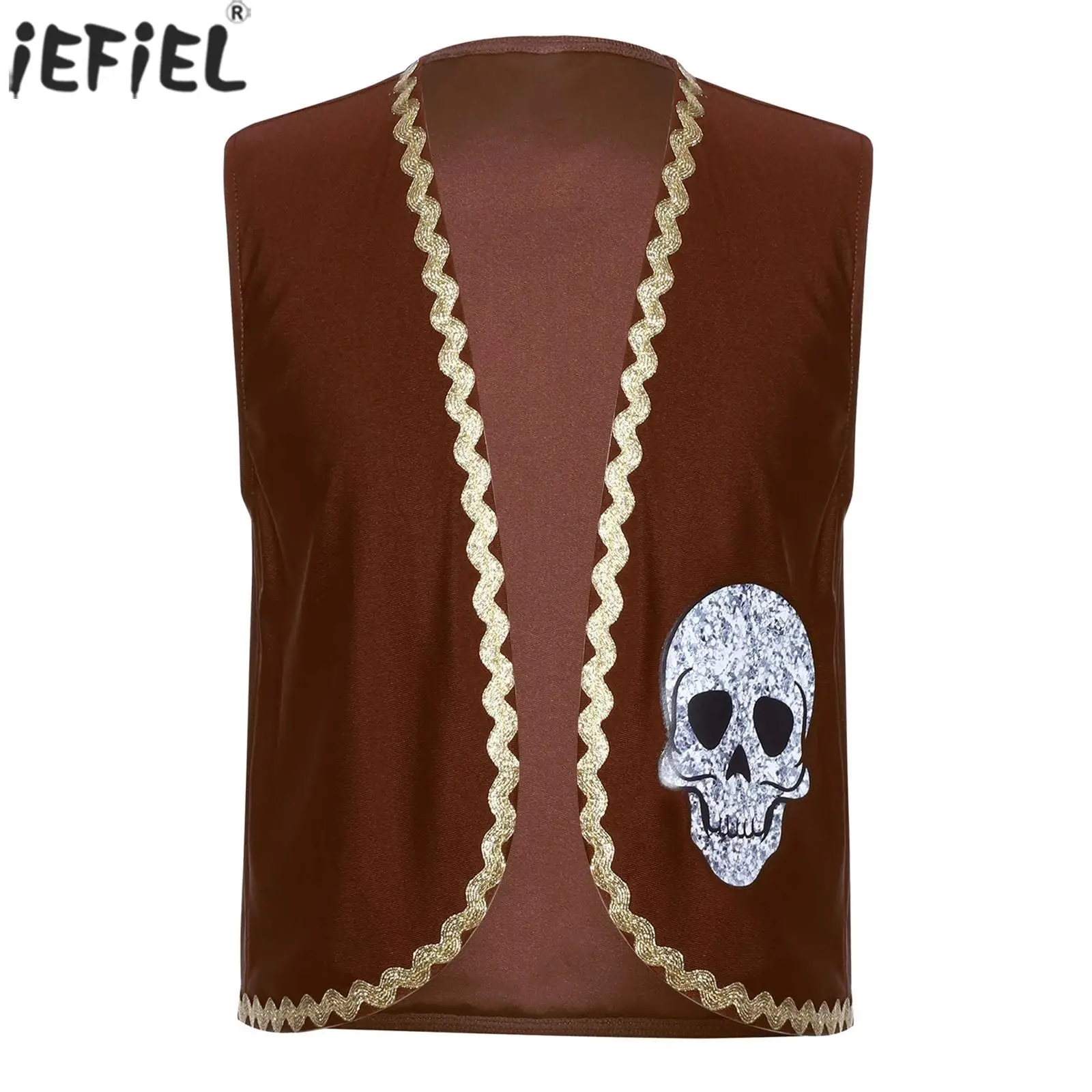 Kids Boys Girls Pirate Cosplay Costume Medieval Renaissance Victorian Viking Waistcoat Open-Front Skull Bones Print Vest Tops