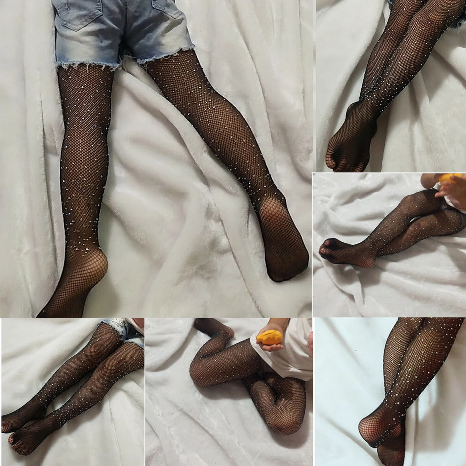 Kids Girls Crystal Rhinestone Fishnet Elastic Stockings Stretchy Bottom Pants Long Fishnet Legging Fish Net Tights Pantyhose