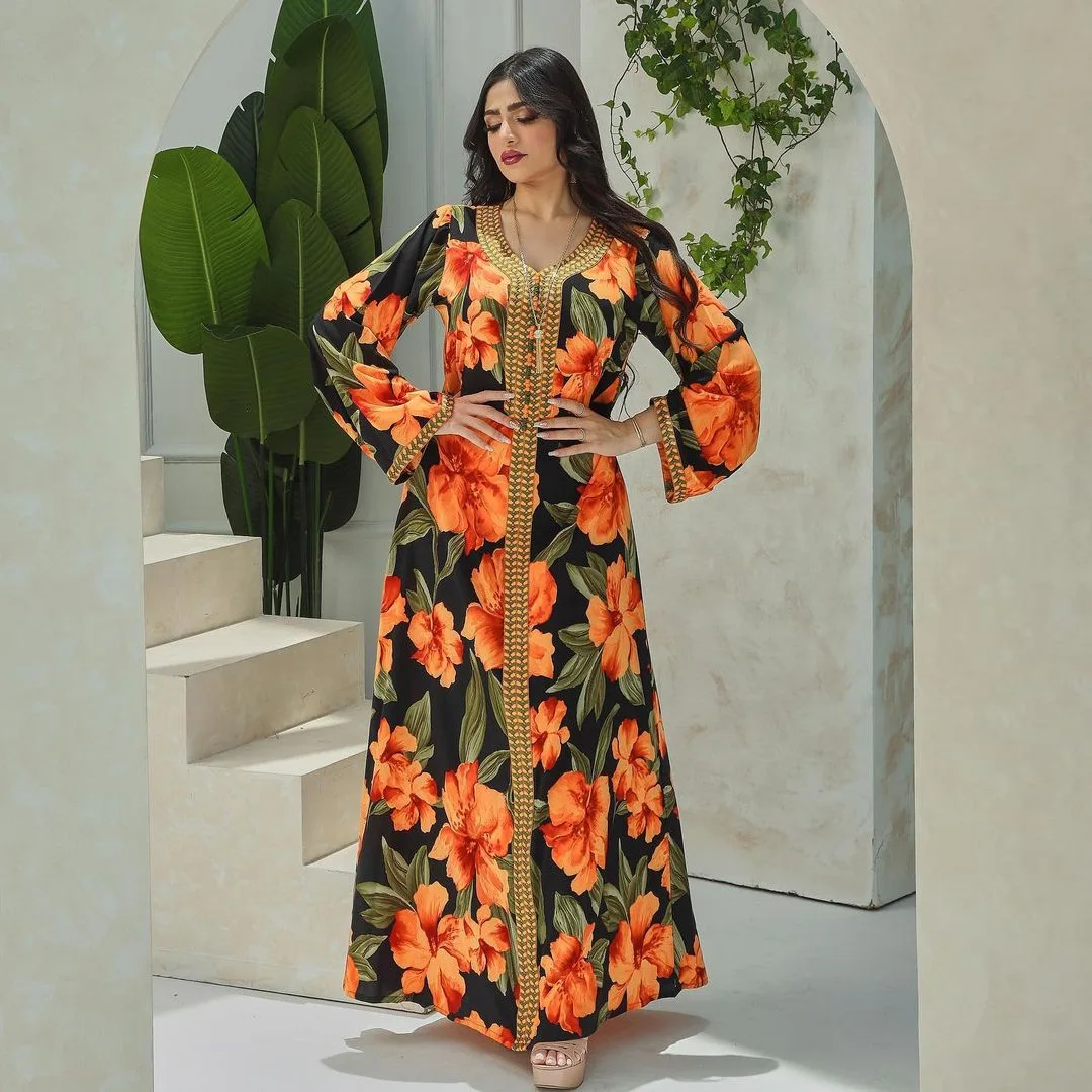 

Muslim Fashion Dresses Printed Long Dress Abayas for Women Bohemain Dubai Abaya Long Sleeve V-neck Dress Kaftan Femme Musulman