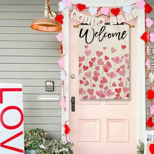 Valentines Day Love Hearts Welcome House Flag 28x40 Inch House Size-28 x 40