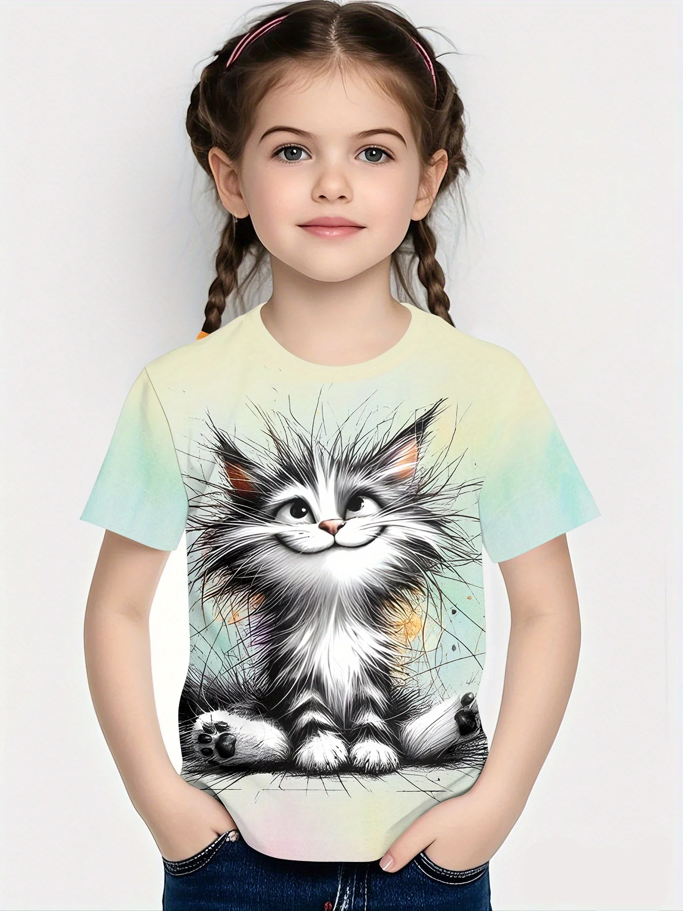 Girls Trendy Cat‑Lover Tee Shirt, Whimsical Happy Fluffy Kitten Sketch Print Design Short Sleeve Crew Neck Toddler Daily Tee