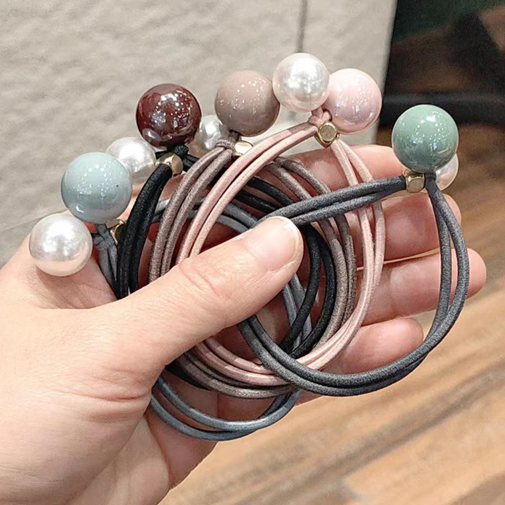 5PCs Girls Scrunchies Bead Pearl Elastic Hair Bands Simple Double Layer Hair Tie Rubber Bands Ponytail Holders Hair Accessories