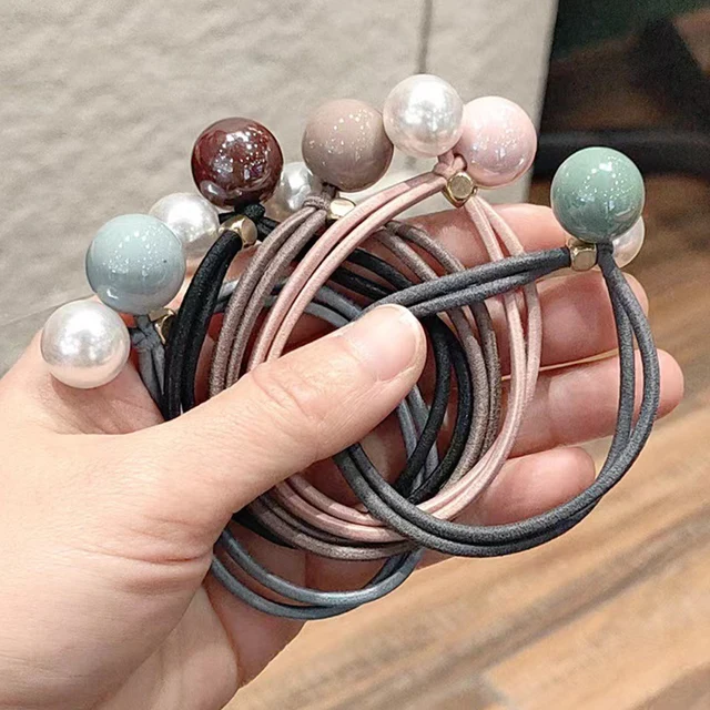 5PCs Girls Scrunchies Bead Pearl Elastyczne opaski do włosów Prosta dwuwarstwowa opaska do włosów Gumki do kucyków Akcesoria do włosów