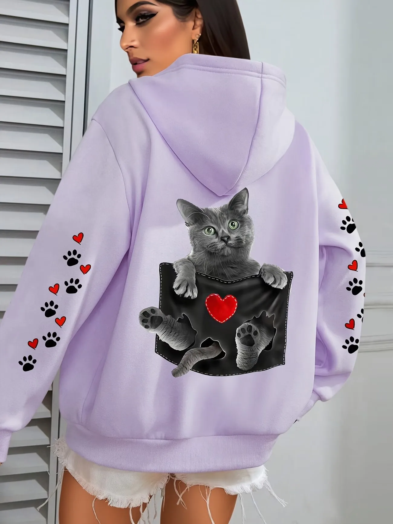 Kawaii Love Paw Cat Print Hoodies Woman Autumn Winter Y2k Streetwear Casual Hoodies Sweatshirts Tops Hoodie Pullovers