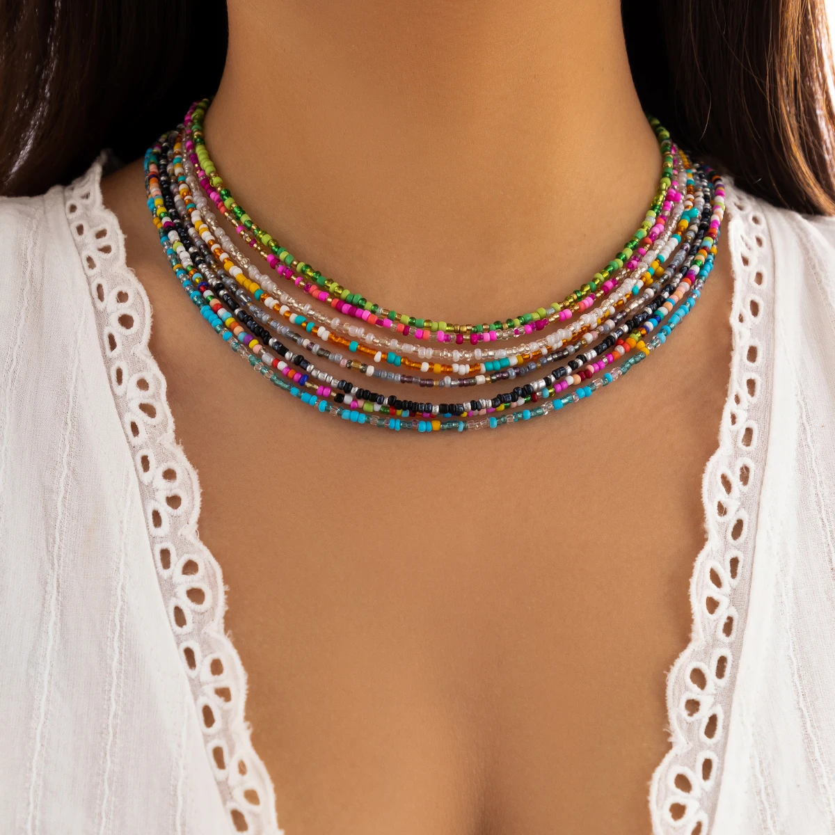 Salircon Bohemian Mixed Color Seed Bead Clavicle Necklace Trend Acrylic Rice Bead Beaded Choker Biżuteria damska Summer Beach