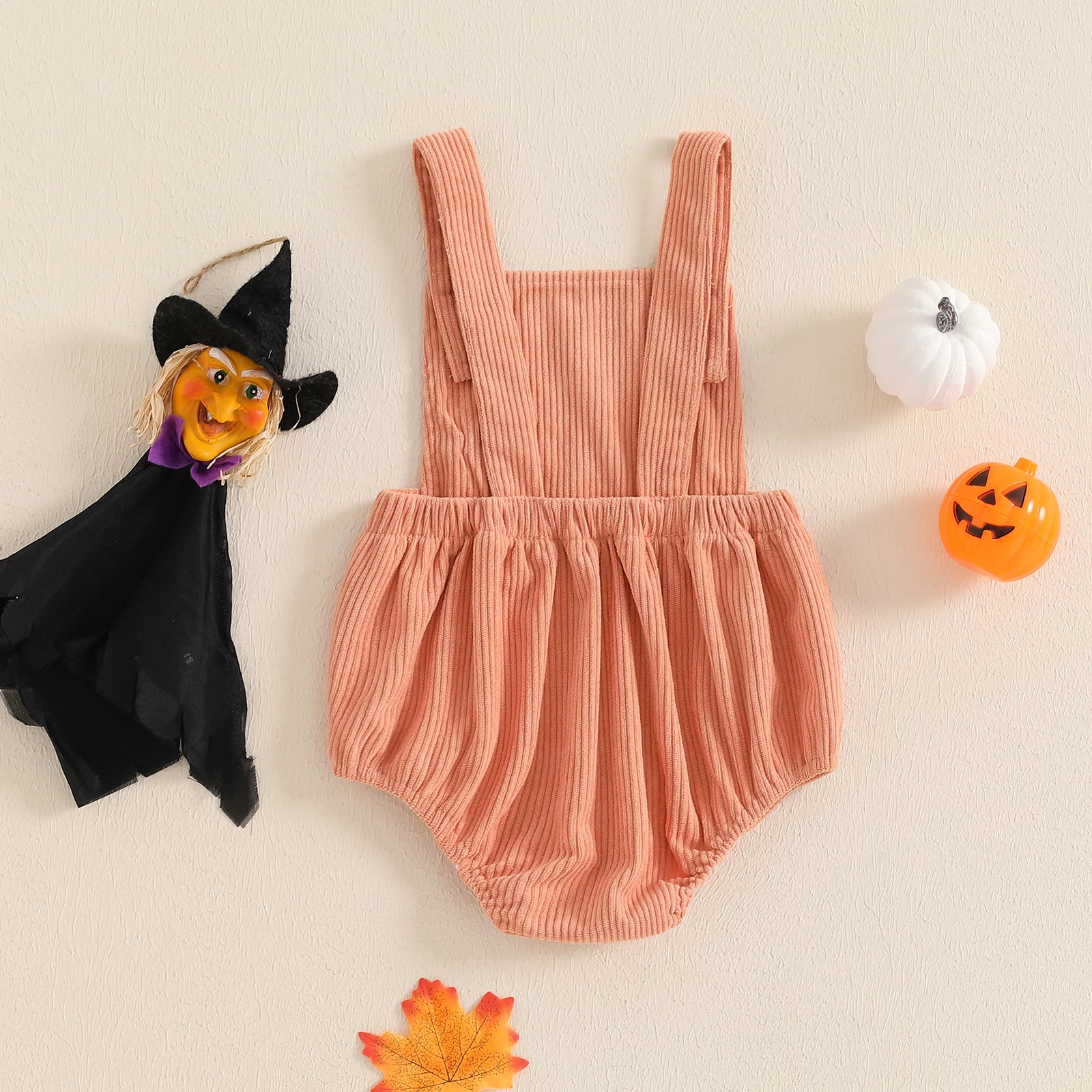 Baby Boys Girls Corduroy Halloween Overalls Sleeveless Backless Square Neck Pumpkin/Ghost Rompers Newborn Jumpsuits Costume