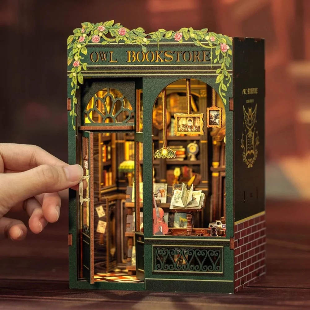 Kit libreria con gufo per angolo di libri fai-da-te, fermalibri puzzle in legno 3D per l'arredamento della libreria, con kit modello leggero per adulti