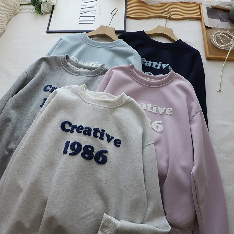 Sudadera informal versátil con Bordado de letras para mujer, Top redondo holgado Ne, recién llegado, Material de terciopelo Thi 2025