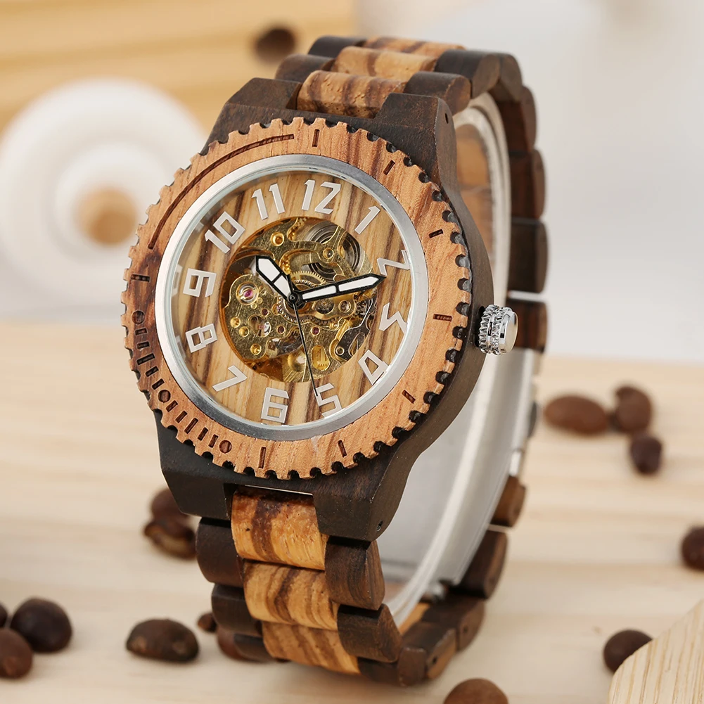 Arabic Numerals Dial Wooden Mechanical Self Winding Wristwatch for Men Full Wood Watch Band Vintage Fashion Men's Watches Gift