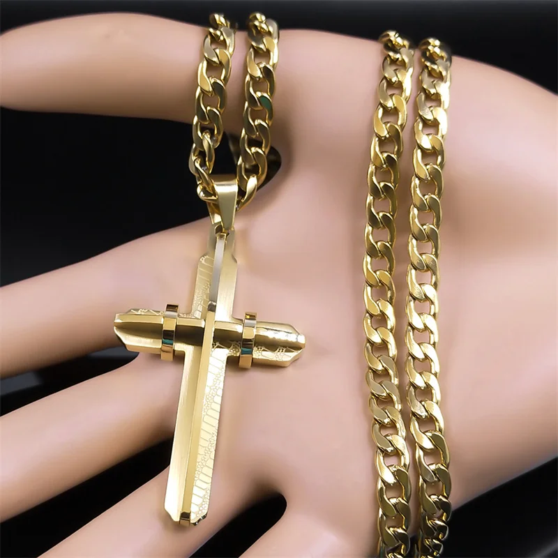 Men\'s Cross Male Crucifix Long Necklace for Women Stainless Steel Gold Plated Christian Long Necklaces Biker Jewelry N2341S03