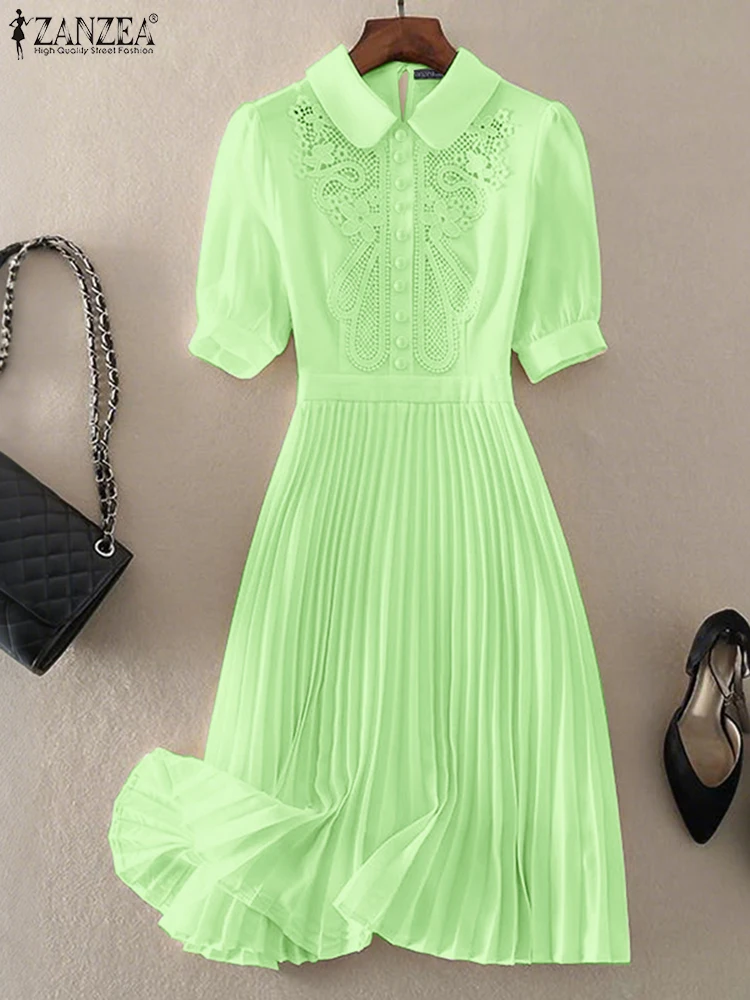 ZANZEA 짧은 퍼프 슬리브 Pleated 파티 드레스 턴 다운 칼라 빈티지 레이스 패치 워크 우아한 가운 Femme Women Midi Vestidos