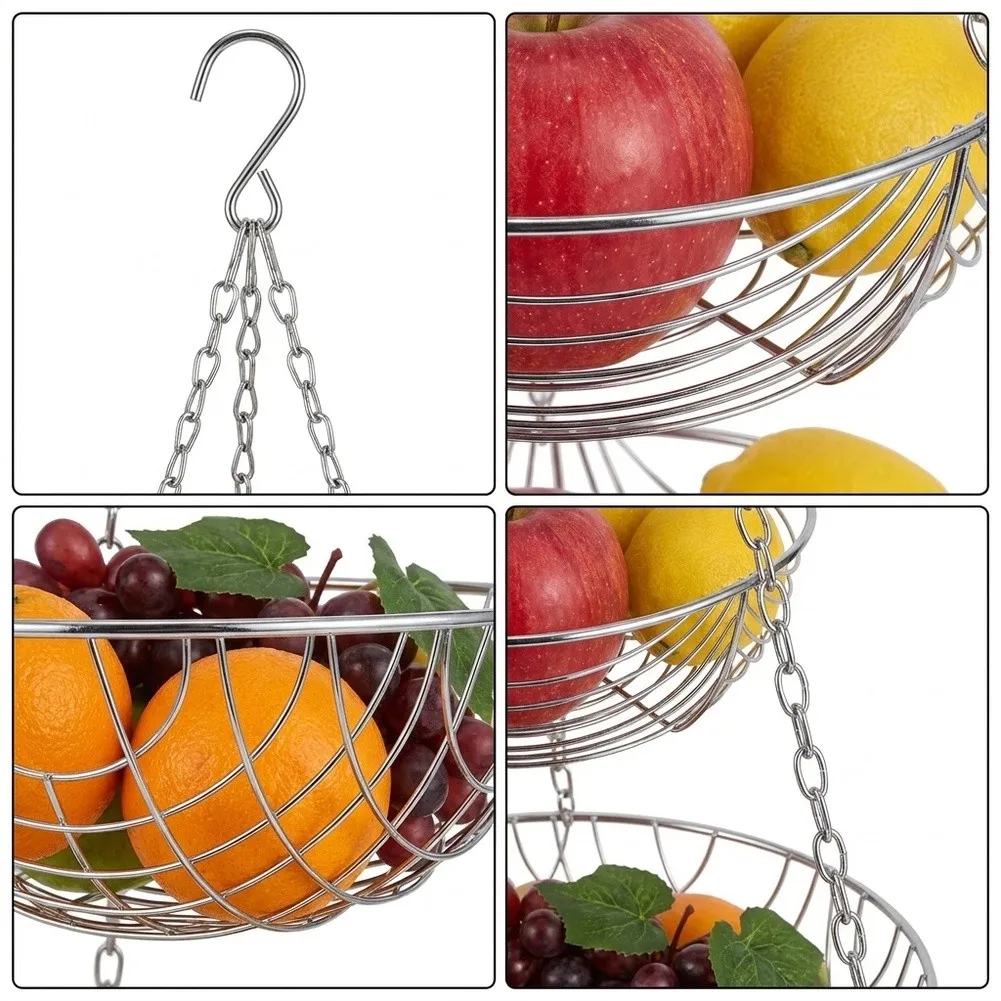 Chrome Hanging Fruit Basket 3 Tier Vertical Wire Storage Rack Adjustable Height & Detachable Levels 11 x 11 x 32 Inches