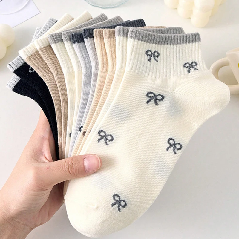 5 Paar süße Damen-Söckchen mit Schleife, weiche, atmungsaktive Baumwoll-Kurzsocken, modische, lässige Alltagssocken für Teenager-Mädchen – Detail 1