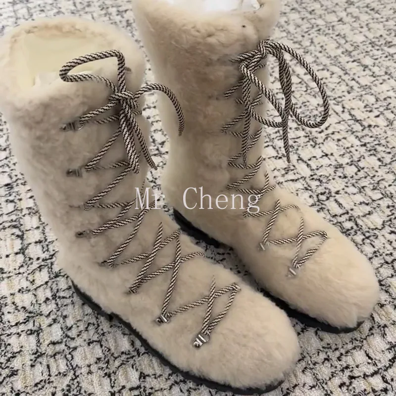 

Lambswool Lace-up Snow Boots Women's Autumn Winter 2024 New Fleece Thickened Warm Boots Warm Cozy Cotton Shoes