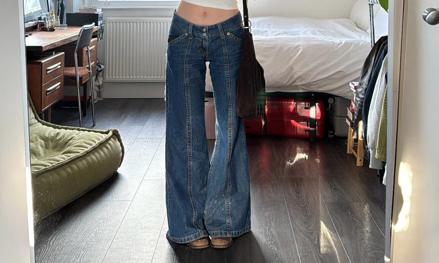 Jeans micro alargados retrô patchwork para mulheres no outono e inverno, calças justas e largas para abraçar o chão