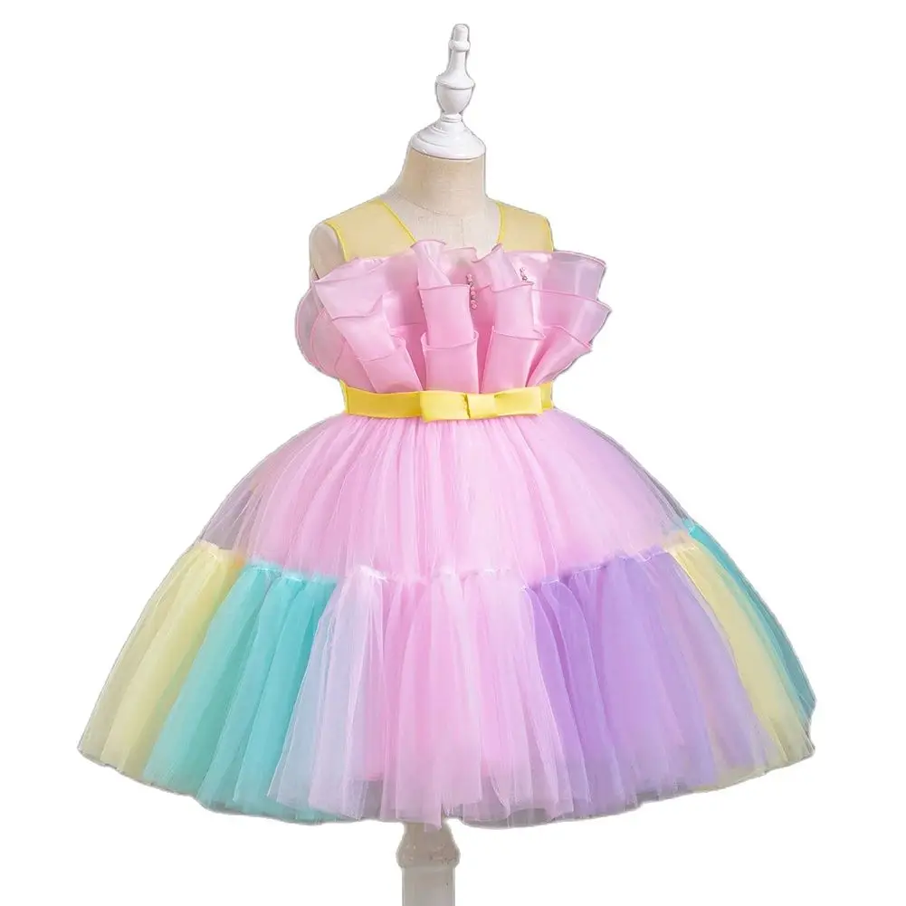 Pink Girl Multi-Color Mesh Princess Dress with Bowtie Birthday Dinner Wear for 2 to 10 Years Child Performance Fluffy Dress,