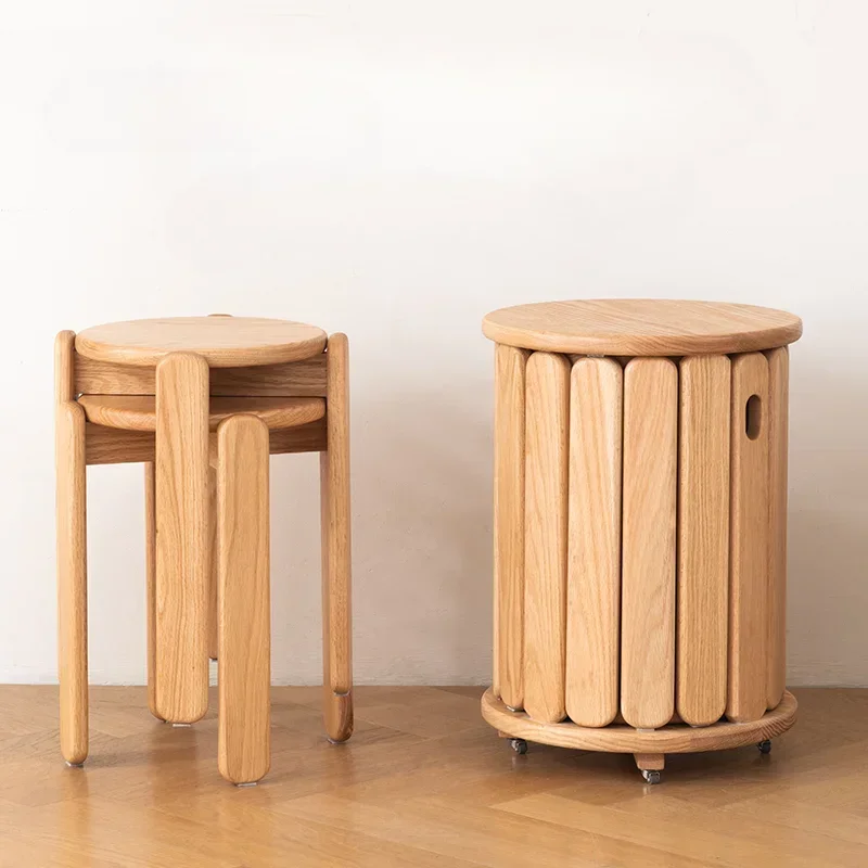 Solid Wood Combination Stool with Pulleys Can Be Stacked Round Stool Home Stacking Spare Dining Bench Storage Folding Chair