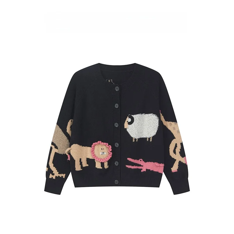 

Вязаный свитер Iris из 100% австралийской шерсти с мультяшной вышивкой, мягкий, теплый, длинный кардиган с круглым вырезом для женщин, для повседневной носки