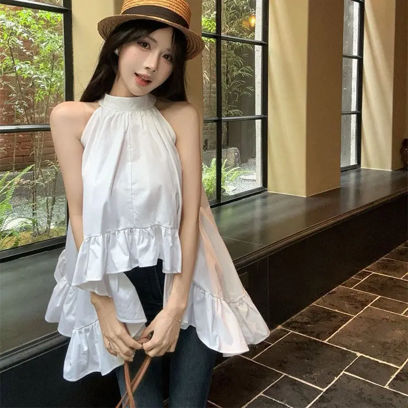 

Irregular Ruffles Sleeveless Solid Shirts Women Summer Sweet Off Shoulder Versatile Thin Tops Korean Fashion Y2k Blouse