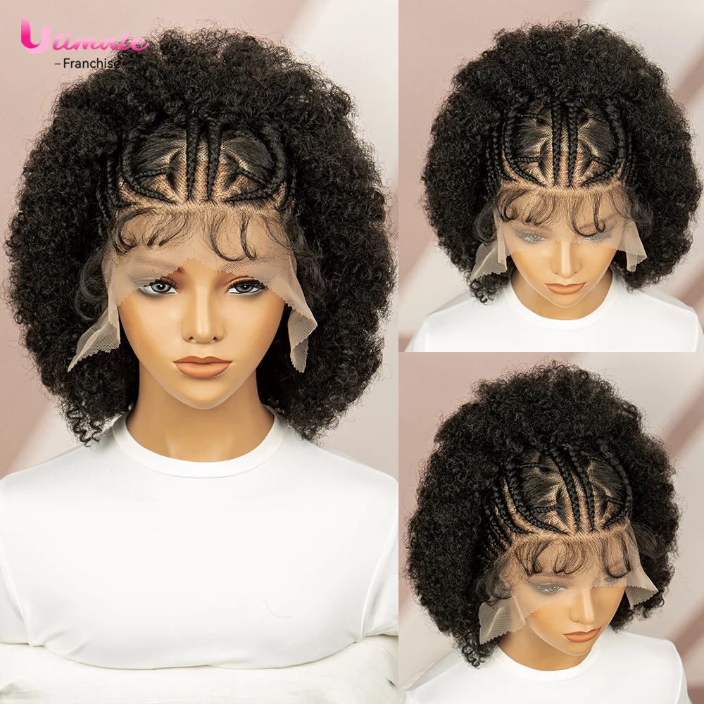 Afro Kinky Curly Short Cornrow Braided Wigs Synthetic Full Lace Braiding Hair Wig Knotless 8 Inches Synthetic Wigs