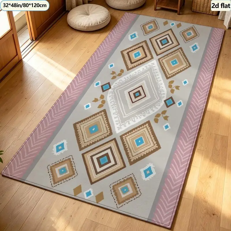 Bohemian Style Neutral Pink Brown Diamond Geometric Pattern Carpet Washable Carpet Non-Slip Indoor Living Room Bedroom Home Floor Carpet