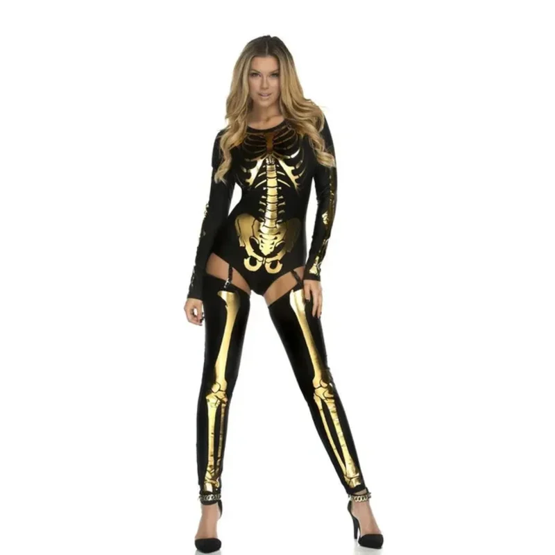 Adult Halloween Party Costume Scary Devil Ghost Cosplay Women Skull Skeleton Prints Leotard Catsuit Costume MS1795