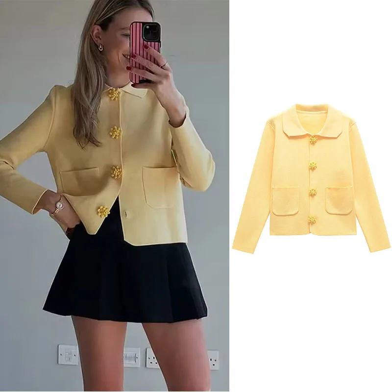 

Женские однобортные вязаные кардиганы с цветочным принтом, весенне-осенние женские свитера с отложным воротником и длинными рукавами, женский элегантный трикотаж