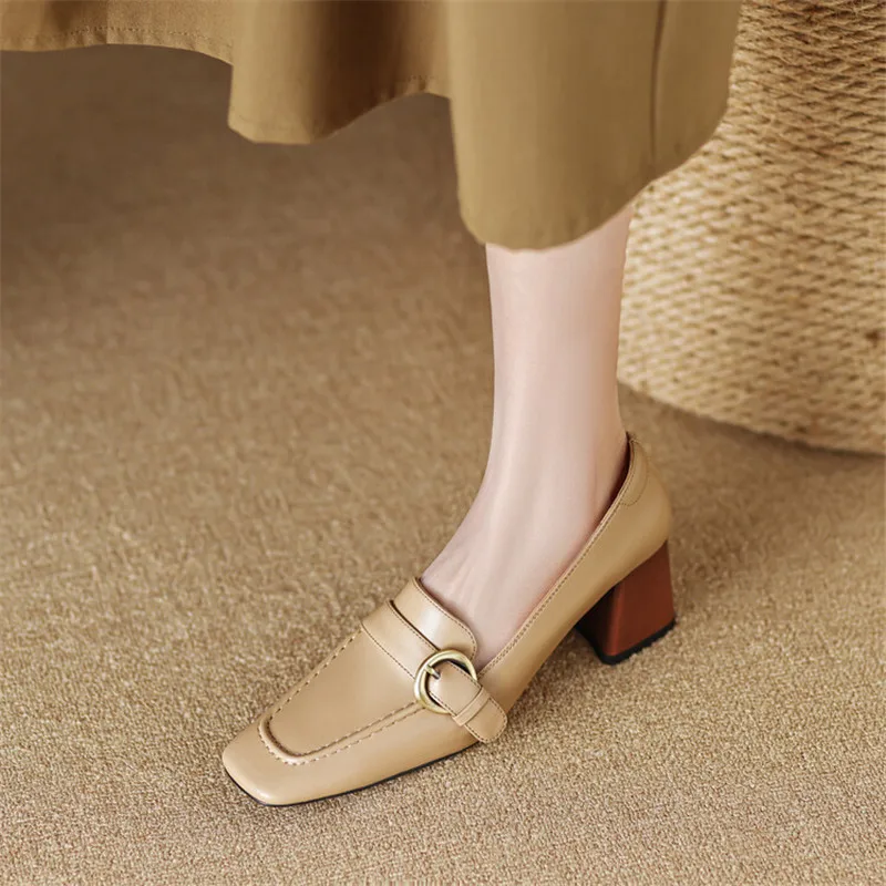 2023 New Spring Women Shoes Loafers Square Toe High Heels Cow Leather Chunky Heel Women Pumps Shoes for Women Zapatos De Mujer