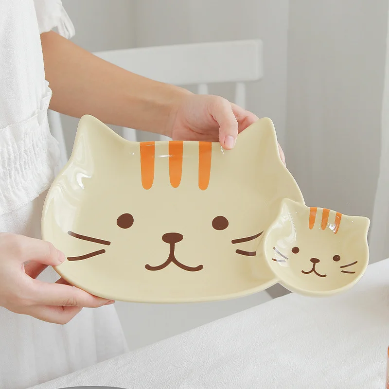 

Cartoon Creative Ceramic Grid Plate Korean Cat Shape Snack Plate Tableware Kids Breakfast Plate Dumpling Dish Kitchen Supplies