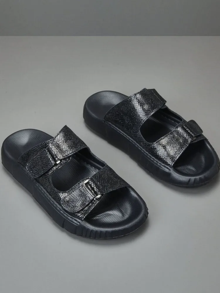 British Style Male Genuine Leather Leisure Wearing Outside Open Toe Elastic Band Mixed Color Handmade Cowhide Fashion Sandals