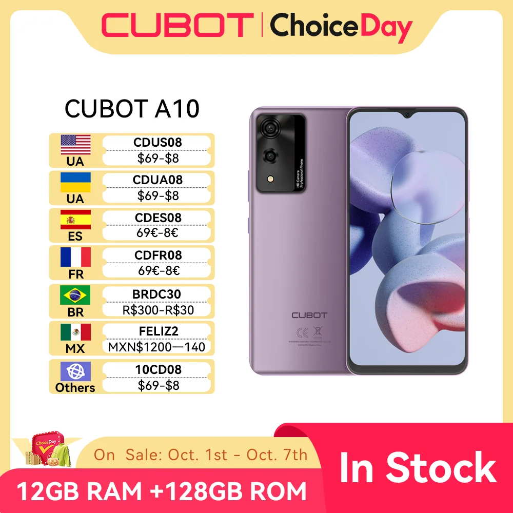 안드로이드 스마트폰 Cubot A10, 12GB RAM (4GB + 8GB), 128GB ROM, 옥타코어, 6.56 인치 90Hz 화면, 5100mAh, 48MP, 5G WiFi, 4G 휴대폰 