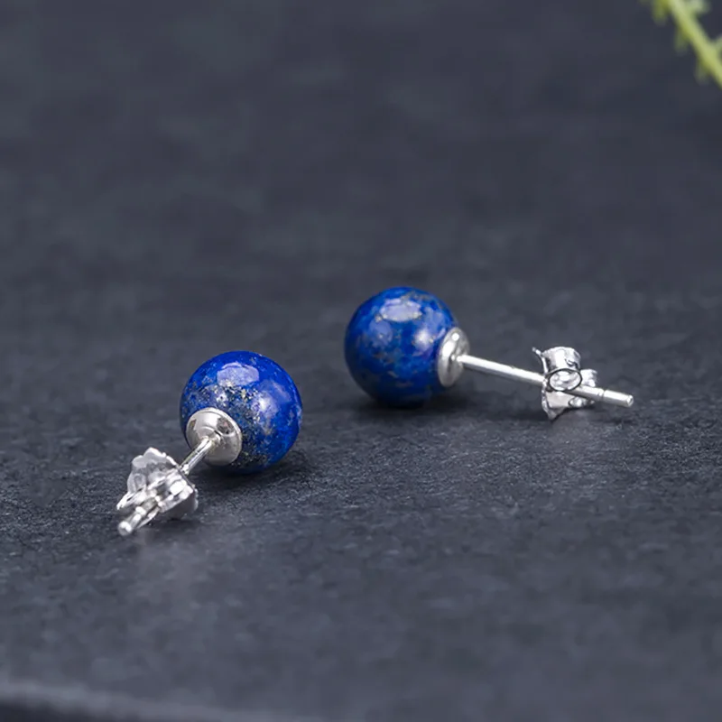 Real 925 Sterling Silver Lapis Lazuli Beads Stud Earrings For Women Vintage Femme Gift Prevent Allergy Fine Jewelry