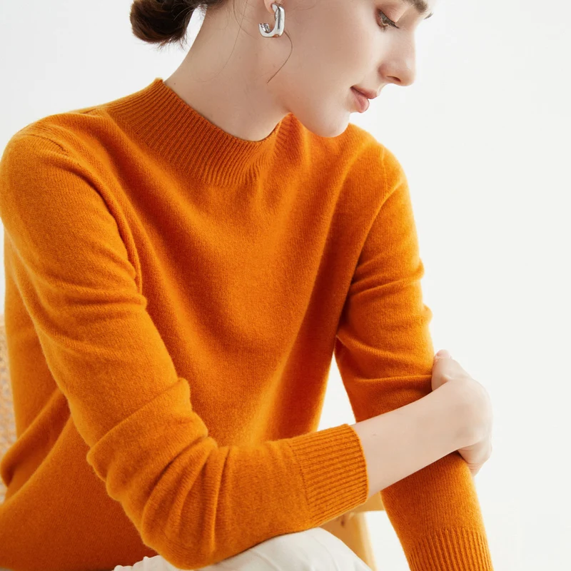 Suéter de Cachemira de lana merina para mujer, suéter de punto de cuello alto, jerséis de manga larga, ropa cálida, Tops de otoño e invierno, 100%
