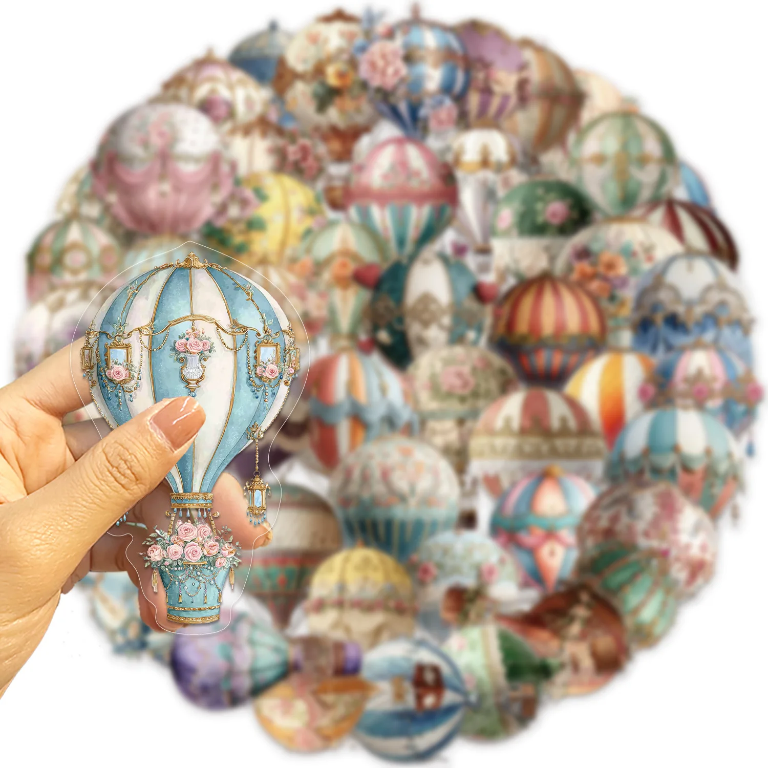 50PCS Exquisite Retro Hot Air Balloon Stickers Pack PET Transparent Student Stickers DIY Material Scrapbook Phone Decorate Decal