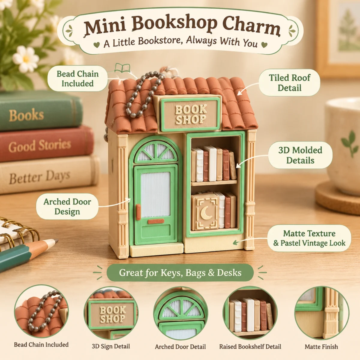 1Pcs Cute Vintage Mini Bookstore Shape 3D Printed PLA Fidget Clicker Keychain,Bead Chain Bag Charm Pendant