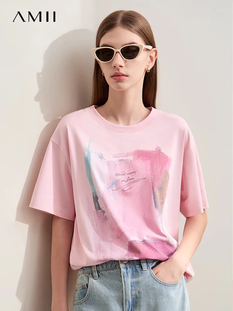 

Amii Minimalism 2024 Summer New T-Shirts For Women Loose O-Neck Drop Sleeve Abstract Print Casual Basics Female Tops 12442295