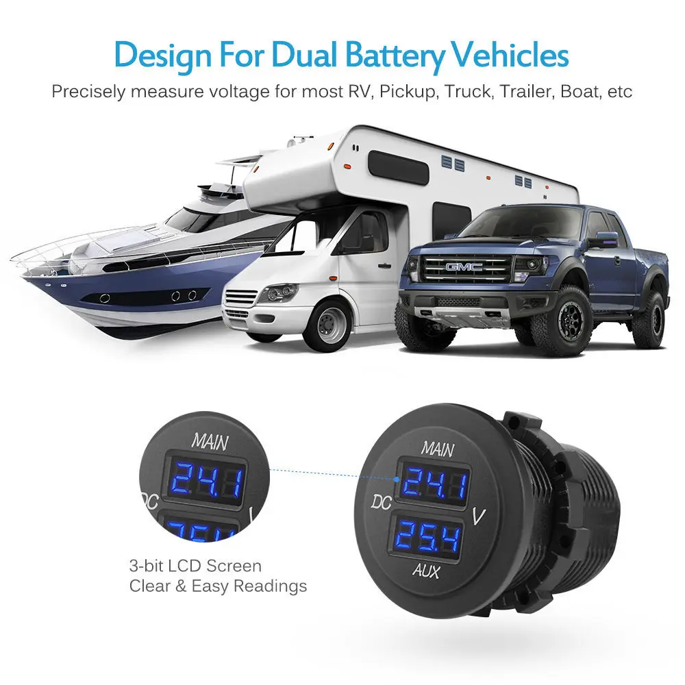 LED Digital Double Voltmeter, Round Panel Voltage Monitor for Car Pickup RV Truck Dual Battery Pack