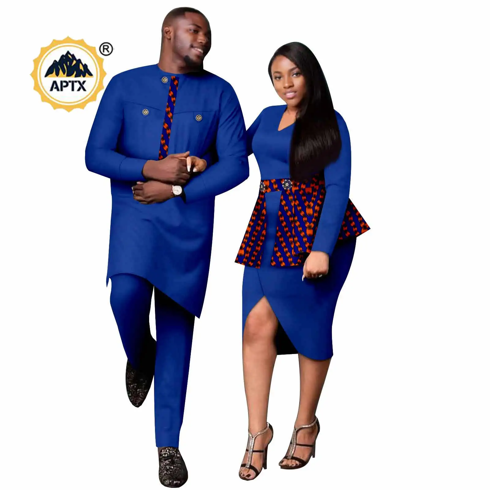 

Sexy African Print CRYSTAL Button Hip Dresses for Women Matching Couple Outfits Dashiki Men Patchwork Top and Pant Sets 24C087